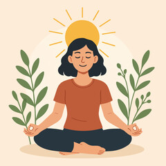Woman meditating in a peaceful pose with plants and sun above her head