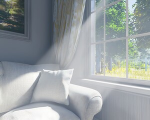 White couch is sitting in front of a window with sunlight shining through it