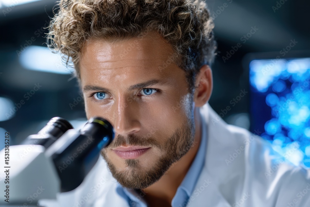 Poster young scientist examines samples with a microscope in a modern laboratory setting