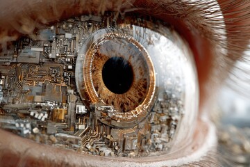 Close-up of a human eye with intricate circuit board embedded