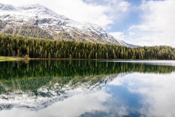 Snow-capped mountains reflect in tranquil lake surrounded by lush forest
