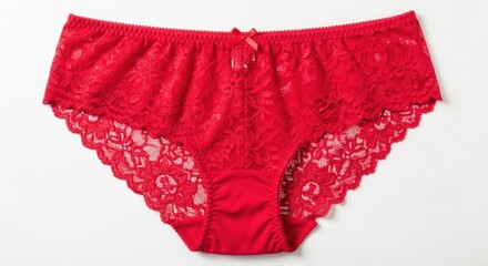 Bright red lace women's underwear with floral pattern and decorative bow on white background