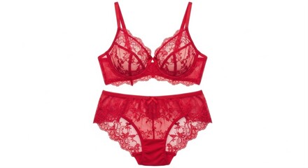 Elegant red lace lingerie set featuring bra and matching panties for women on white background
