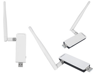 Wi-Fi wireless adapter with USB and antenna. On a white background in isolation.