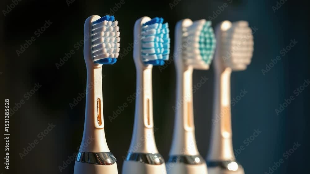 Poster row of toothbrushes arranged neatly on a table surface, ready for use.