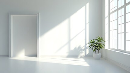 Empty white room with window and plant. 3d render illustration.