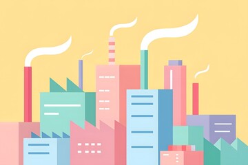 Industrial Cityscape Illustration Featuring Factories of Varying Heights with Simplified Geometric Shapes