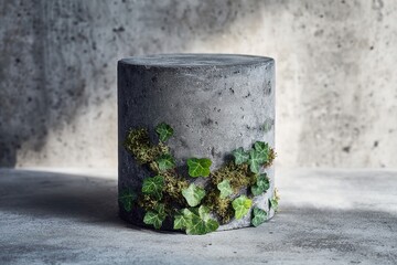 Organic product scene with concrete base and moss for nature-themed branding
