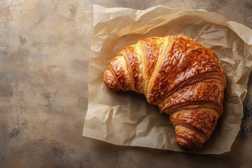 Golden Brown Croissant on Parchment Paper Delicious Bakery Pastry Close Up View