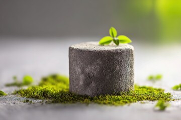 Organic product scene with concrete base and moss for nature-themed branding
