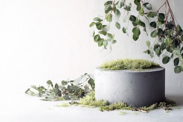 Organic product scene with concrete base and moss for nature-themed branding
