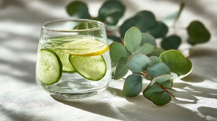 A delicate glass of chilled cucumber-lemon water, eucalyptus branches and soft shadows