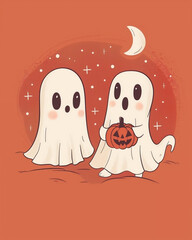 Fototapeta premium Adorable Halloween Ghosts Cute Ghost Illustration with Jack-o'-lantern