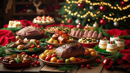 A festive christmas feast featuring traditional dishes and decorations on a wooden table