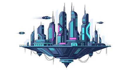 Futuristic city on a floating platform with skyscrapers and flying vehicles against a white background.