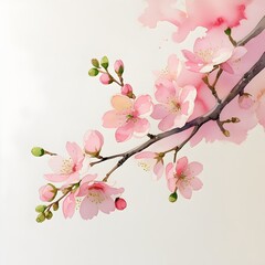 Fototapeta premium A delicate watercolor illustration of blooming cherry blossom branches with soft pink petals and subtle green leaves, outlined with a white sticker border.