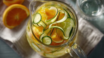 A ice-filled glass jug with oranges and cucumber ribbons, linen cloth and glassware, clean top view