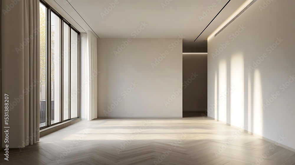 Poster empty room with window and parquet floor. 3d rendering.