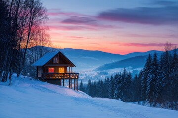 Snowy mountain cabin at dawn