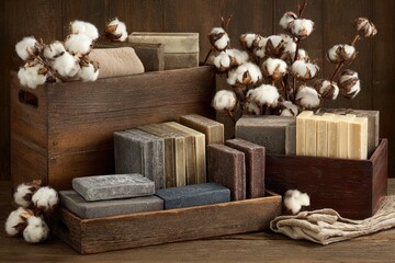 Wooden crates and trays display assorted handmade soaps, surrounded by cotton blossoms and linen cloths
