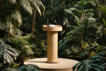 Wooden podium in a lush, tropical setting