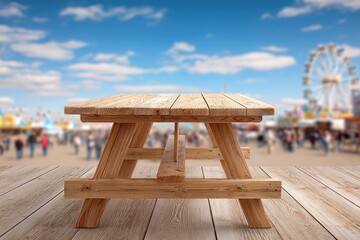 Wooden picnic table outdoors, blurred fairground background