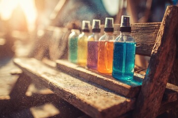 Colorful spray bottles lined up on a rustic wooden bench, bathed in sunlight