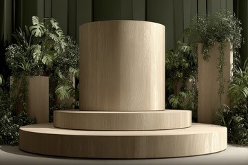 Light beige wooden podiums, surrounded by lush green plants