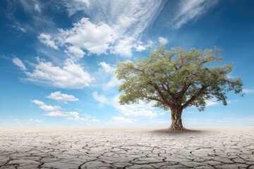 A lone tree stands on a cracked, dry landscape under a partly cloudy sky