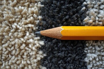 Close-up of a yellow pencil on a textured beige and gray carpet