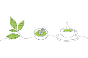Hand-drawn matcha tea ingredients concept line art drawing. Matcha tea concept line art icon