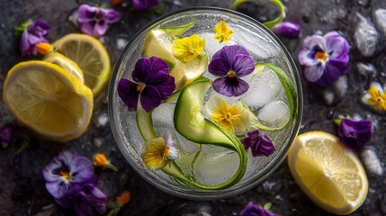 A round glass bowl with ice, lemon slices, cucumber curls, and edible flowers floating, viewed from above
