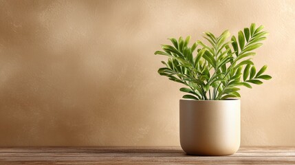 Beige pot with a houseplant against a muted beige wall.