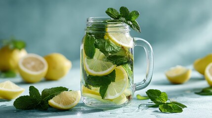 A spa-themed still life, infused water, scattered mint leaves and sliced lemons, clean aesthetic
