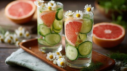 A tall glass with cucumber water, grapefruit slices, chamomile flowers, wooden tray