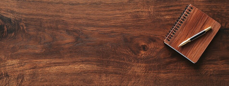 A spiral-bound notebook and pen rest on a dark wooden surface