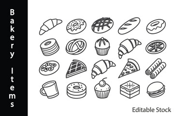 "Bakery Line Icons – 20 Minimal Hand-Drawn Pastry, Bread, and Dessert Symbols"

