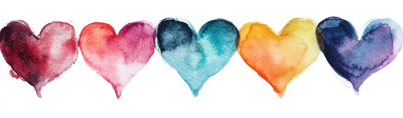 Five hearts painted with watercolor in various shades of the rainbow