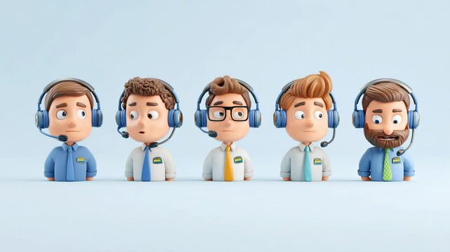 Cartoon support agents wearing headsets representing customer service team and communication concept