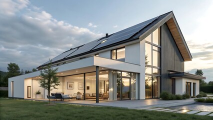 Fototapeta premium Modern Minimalist House Design with Solar Panels Sustainable Home Architecture