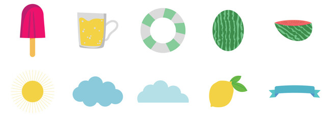 A set of flat, colorful icons depicting summer-themed items.