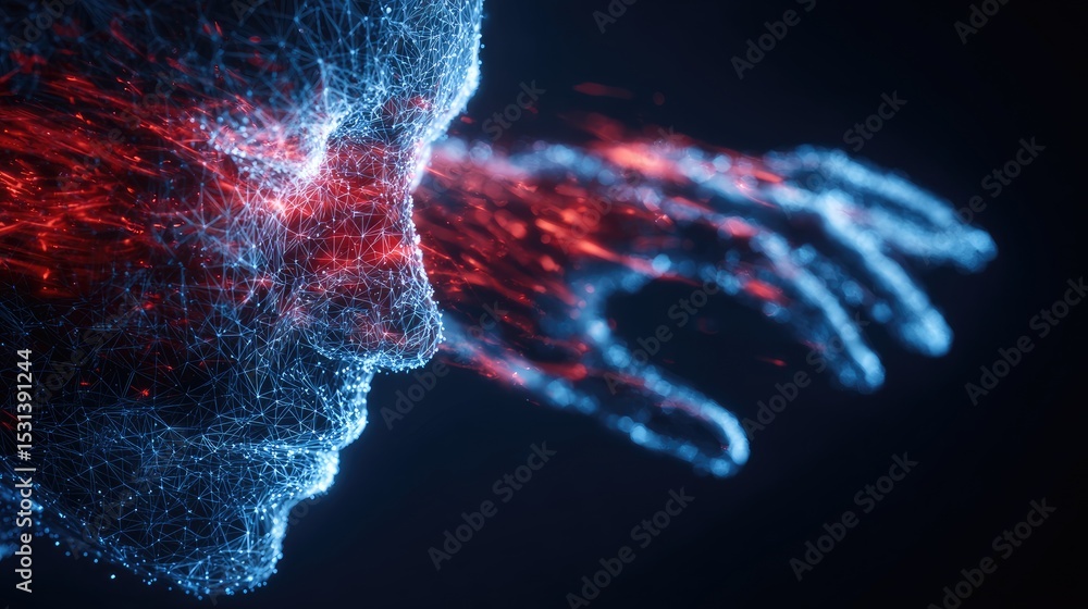 Poster digital representation of a face and hand with glowing lines.