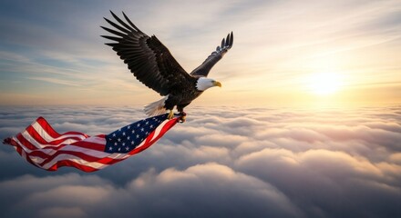 Fototapeta premium Majestic Bald Eagle Soaring Above Clouds with American Flag A Symbol of Freedom and Patriotism