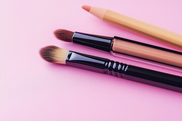 Two brown eye pencils and one brush for eyebrows on a pink background, close-up view.