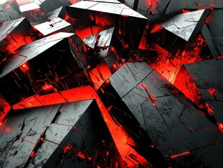 Abstract digital art depicting a chaotic mass of dark, metallic, cube-like structures with glowing red inner sections and cracks, suggesting a fragmented or broken technological landscape
