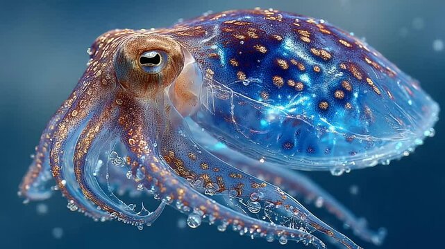 Close-Up of a Glowing Cuttlefish with Unique Blue and Brown Patterns, Underwater life