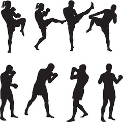 Boxing Silhouette Collection Vector White Color Background