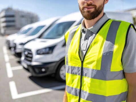 Man in safety vest stands in front of a row of white vans, the worker is in a parking lot near commercial vehicles.
