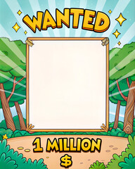 Colorful wanted poster template with a blank space surrounded by a vibrant forest background