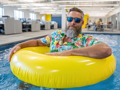 Man with beard and sunglasses floating in an office pool, wearing a floral shirt and a yellow inflatable ring, enjoying a relaxing break during work hours.